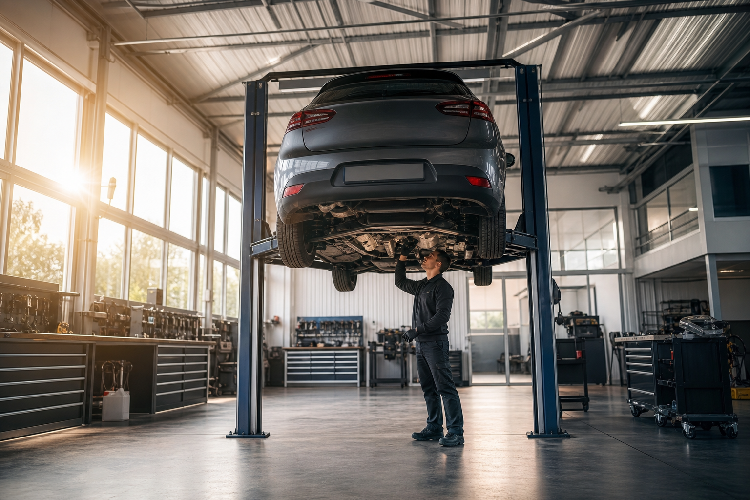 Atelier de réparation automobile : véhicule sur pont élévateur